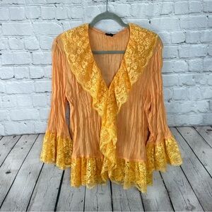 Y2K Piano Sheer Crinkle Lace Ruffle Blouse Coquette Fairy Cottagecore Size Large